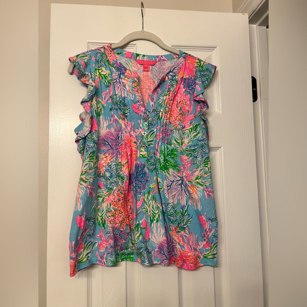 Lilly Pulitzer Golda Ruffle Sleeve Top in Celestial Bay Cay to the Heart